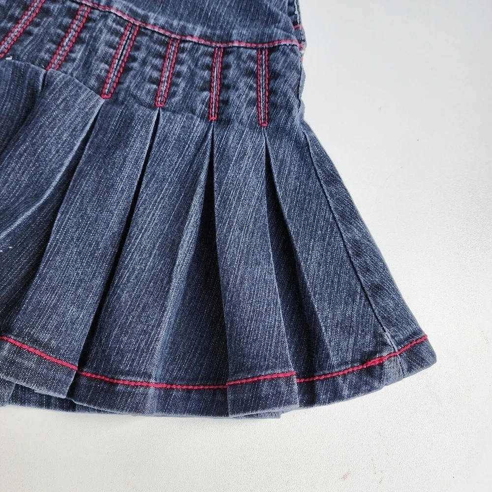 Dark Blue Denim Overalls with Pleated Skirt and Adjustable Straps